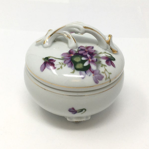 Vintage porcelain trinket box with cover, floral footed jewelry ring dish with handled lid, gold purple flower dresser box, pill box