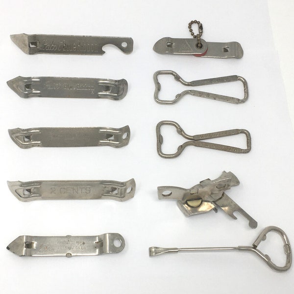 Authentic vintage bottle openers, church keys of Pabst PBR, Blatz, Pepsi Cola, Ekco Miracle Roll, 2 Cents and Hamms barware
