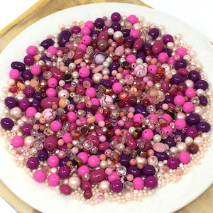 Bulk 1 pound lot of mixed beads, vintage to destash bead soup with pink rose purple plum lavender lilac white colors by the pound, assorted