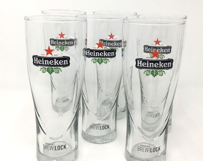 6 Vintage Heineken Beer Glasses, Set of Six 16 Oz Glass Drinkware