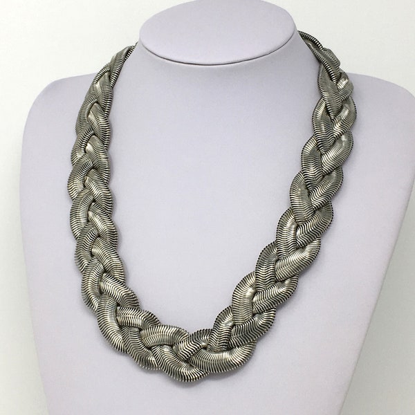 Silver braided statement necklace, snake chain woven choker, vintage chunky bib for women