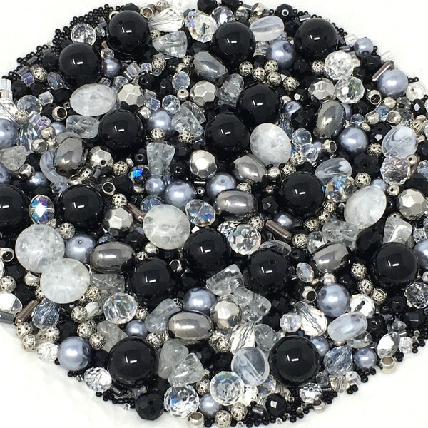 Over 1 lb bead soup of Czech glass crystal glass black glass, silver and filigree spacers, destash to vintage bead soup metal and hematite