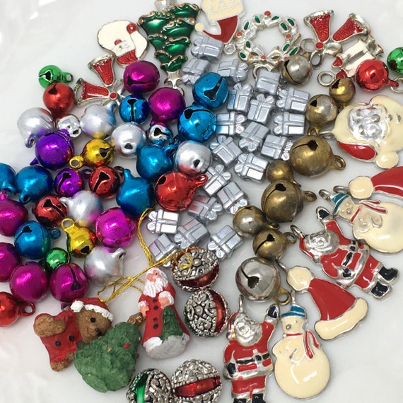 Christmas Charms Beads Bells, Lot of Vintage Charms, Mod Present Beads and Small to Tiny Jingle Bells for Crafting, Holiday Jewelry Making