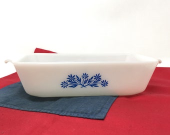 Vintage Fire King milk glass blue cornflower bread dish, Anchor Hocking 1 QT 441 baking dish, 1960s Corning rectangular casserole bakeware