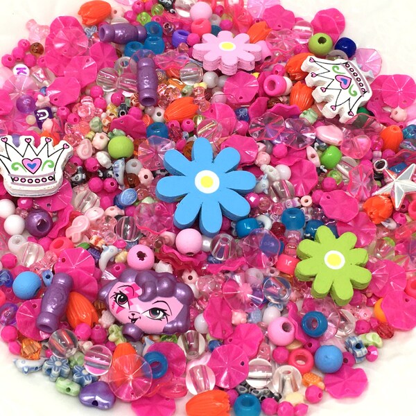 Colorful fun bead lot over 6 ounces, bead soup for kids crafts jewelry making, destash for costumes, tween projects, hair beads kandi ispy