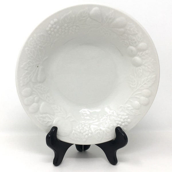 Gibson Designs white embossed fruit pattern soup cereal rim bowl, discontinued for soup fruit cereal side salad vintage farm cottage boho