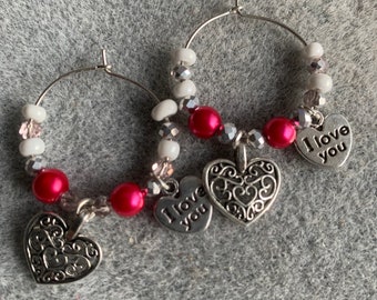 Valentines Day I Love you Heart Handmade Wine Glass Charms set of 2