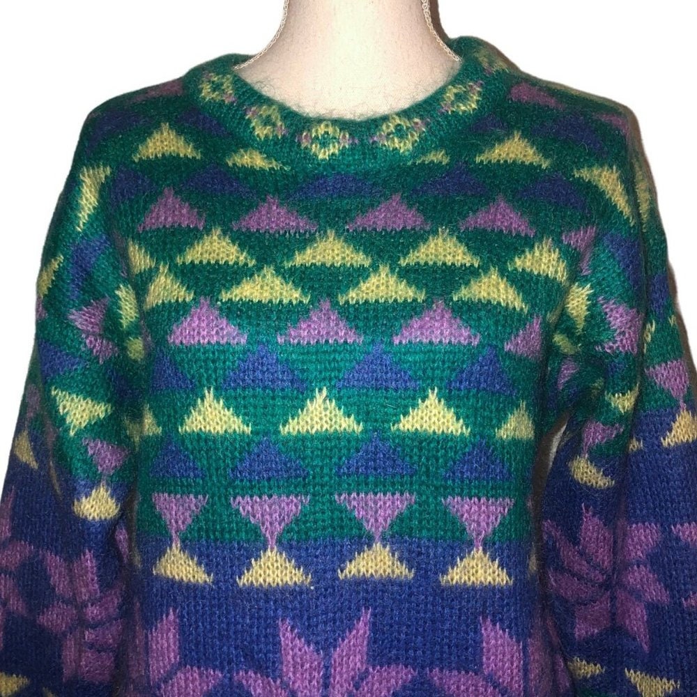 Vintage GALLAGHER Sz L Women's Green, Purple, Yellow & Blue Mohair