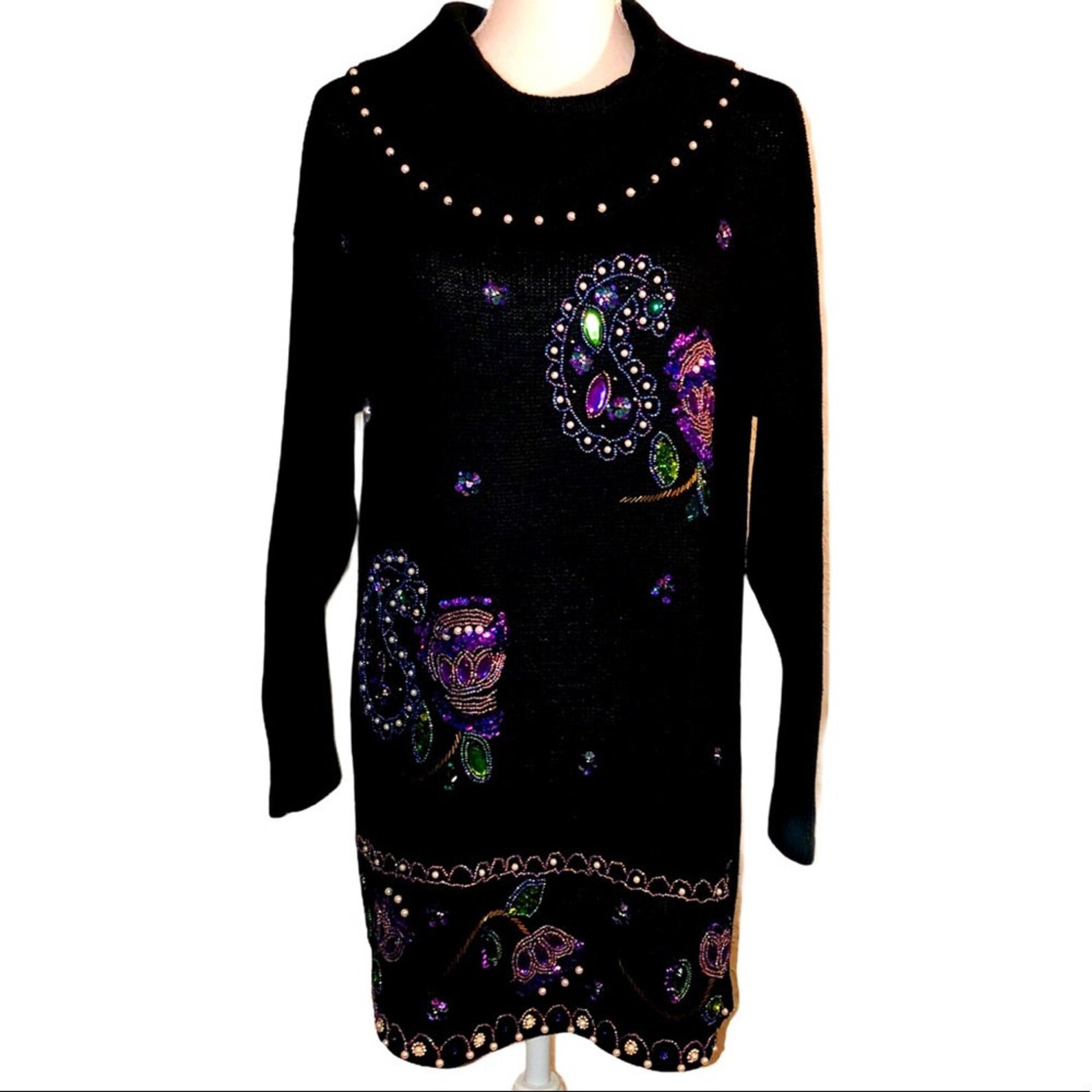 Vintage VICTORIA JONES Sz M Black Beaded Sequins Purple Gold Etsy
