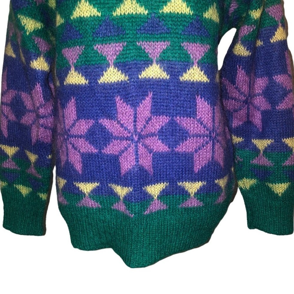 Vintage GALLAGHER Sz L Women's Green, Purple, Yellow & Blue Mohair