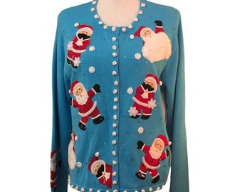 Vintage JACK B. QUICK Sz XL Turquoise Santa Crewneck Button Up Cardigan Sweater Santa Heads Christmas Sweater Xmas Sweater Vintage Christmas