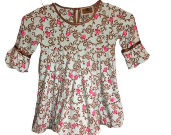 VINTAGE COUTURE Sz 4 Girls Toddlers Floral Lt. Blue & Brown Flannel Dress Satin Ribbon Flower Child's Children's