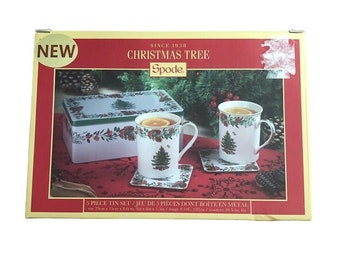 SPODE "Christmas Tree" 5 piece Tin Set 2 Mugs/Cups 12oz 2 Coasters Holiday Xmas Gift Package Vintage Seasonal