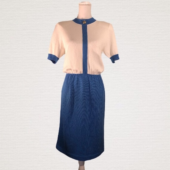 Vintage SCHRADER KNIT Blue & Cream Dress Women's … - image 1