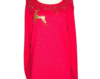 QUACKER FACTORY Sz XL Plus Size Red Gold Pearl Reindeer Christmas Xmas Sweater Vintage Holiday Clothing Seasonal Winter