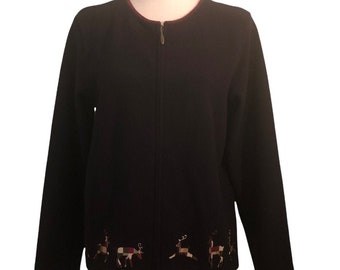 CHRISTOPHER & BANKS Sz L Navy Blue  Christmas Reindeer Zip Up Sweater Women's Xmas