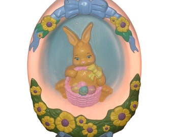 Vtg EMPIRE BLOW MOLD 1995 Easter Egg Rabbit Bunny & Basket Flowers w/Light Cord Vintage Plastic