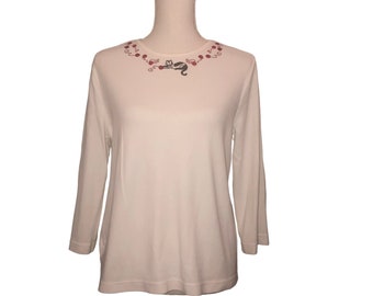 Vintage BRECKENRIDGE Sz Small Women's Black Cat White Tee T-Shirt Red Embroidery Matching Sweater Clothing Rounded Neckline