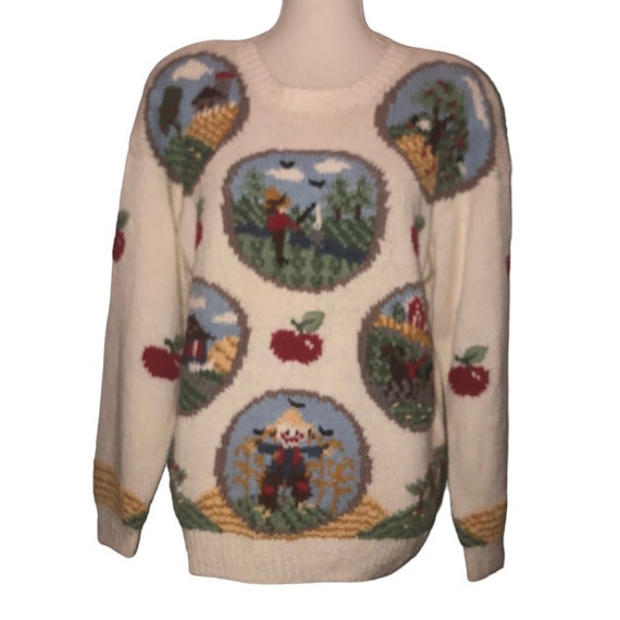 Vintage Signatures by NORTHERN ISLES Sz L Women s Hand Knit Fall Harvest Apples Sweater Knit Sweater Crewneck Long Sleeves Picking Apples Etsy