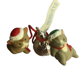 Vintage HALLMARK Merry Miniatures "Hershey's" Mice & Hershey's Kiss 2pc Figurine Kisses Mouse Ornament Christmas Xmas Tree