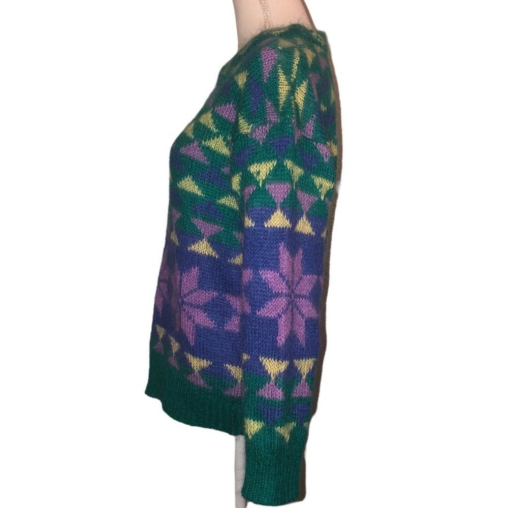 Vintage GALLAGHER Sz L Women's Green, Purple, Yellow & Blue Mohair