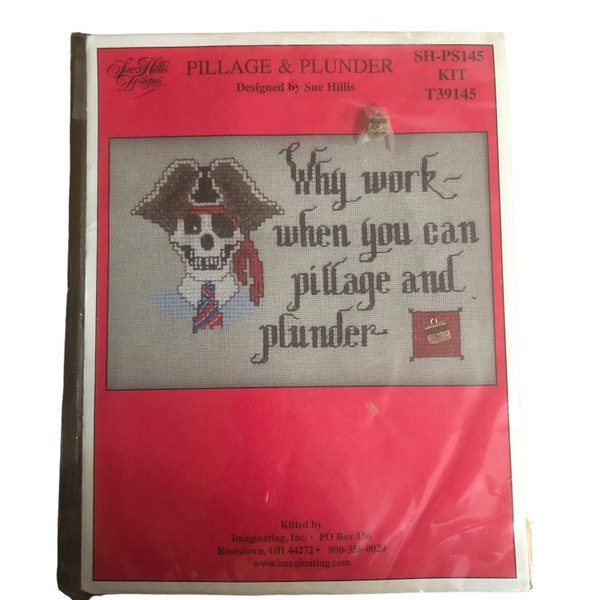 Vintage Sue Hillis Design "Pillage & Plunder" Pirate Hanging Counted Cross Stitch Craft Kit Skull Boys Bedroom Room Bed Pillow Wall Hanging