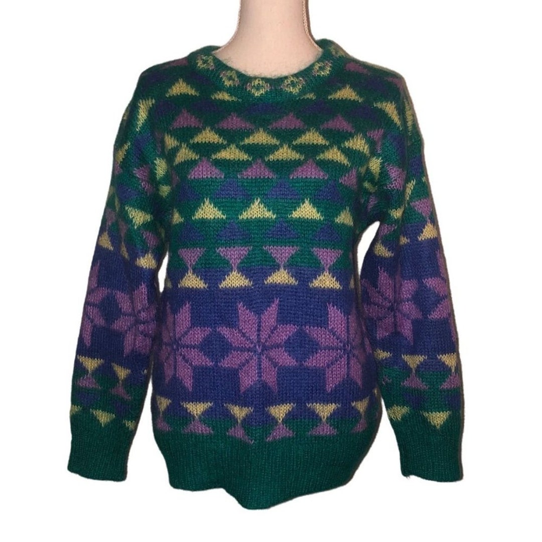 L*e様 80s 90s Gallagher mohair Knit vinta Vintage GALLAGHER Sz L Women's Green, Purple, Yellow & Blue Mohair