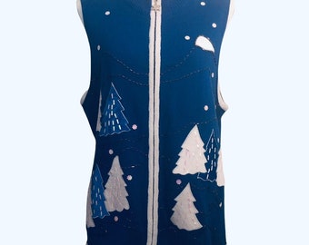 Vintage DESIGNERS ORIGINALS Sz XL Blue & White Christmas Xmas Sweater Vest Women's Ugly Party Trees