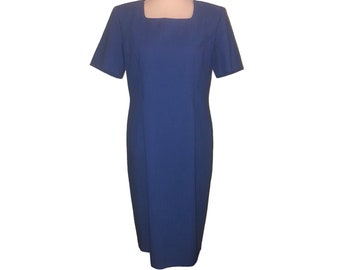 Vintage LESLIE FAY Size 12P Women's Blue Linen Short Sleeve Square Neck Sheath Dress Petite Clothing