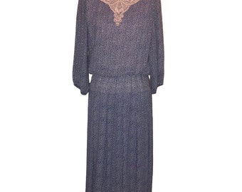 Vintage JAMIE Sz ? Navy & White Flowers Cottage Core Lace Collar Women's Dress Cottagecore GrannieCore GrandmaCore Floral 1980's Navy Blue