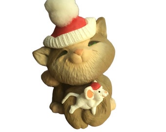 Vintage '87 Hallmark "Christmas Cuddle" Cat Mouse Santa Hat Christmas Ornament1987 Kitty Xmas Collectibles Collectible