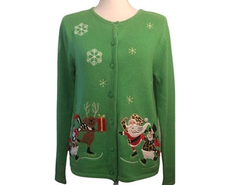 Vintage CRYSTAL-KOBE Sz S Green Santa, Reindeer & Snowman Christmas Sweater Button Up Cardigan Long Sleeves Ugly Christmas Sweater Party
