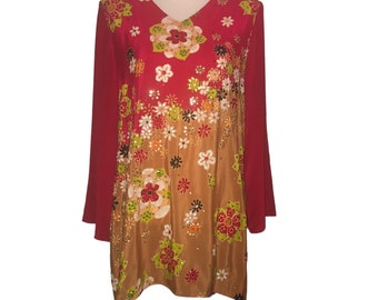 Vintage DIANE GILMAN Sz S Women's Red Floral Silk Sequin Long Sleeve V-Neck Blouse Clothing 100% Silk