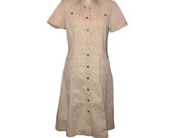 Vintage Y2K '03 TOMMY HILFIGER Sz 8 Women's Khaki Snap Front Collar Pockets Dress Vintage Clothing Short Sleeve