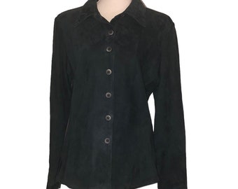 Vintage NETO Sz 12 Womens 100% Leather/Suede Black Button Up Long Sleeve Shacket Jacket