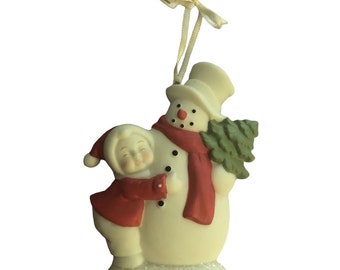 Vintage Department 56 Holly Lane Porcelain Snowman & Child Christmas Xmas Tree Ornament Pastel