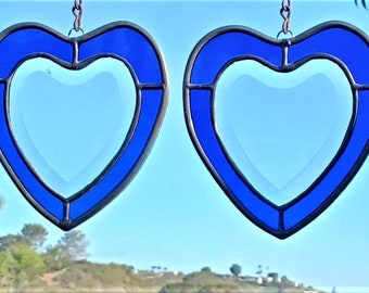 Two 5.75" Blue Panels With A 4" Clear Bevel Heart For Etching, Memory Glass Or Crafts