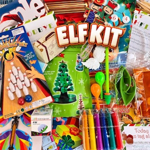 May include: An assortment of holiday-themed items including a bowling set, a magic tree kit, a small LED light box, colorful crayons, green elf ears, and a sign with the text ELF KIT, all arranged in a collection of various festive supplies.