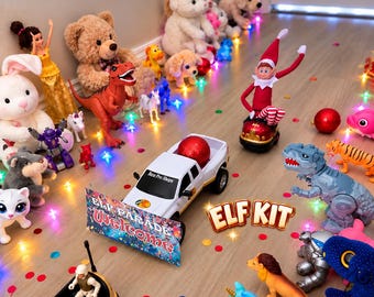 May include: A white toy pickup truck with a Bass Pro Shops logo and a sign reading Elf Parade Welcome, accompanied by an elf figure in a small vehicle, surrounded by various plush animals, dinosaur figures, and colorful holiday lights.