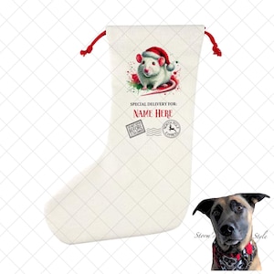May include: White Christmas stocking with a red and white rat wearing a Santa hat. The stocking has a red drawstring and the text "Special Delivery For: NAME HERE" and a vintage postage stamp.