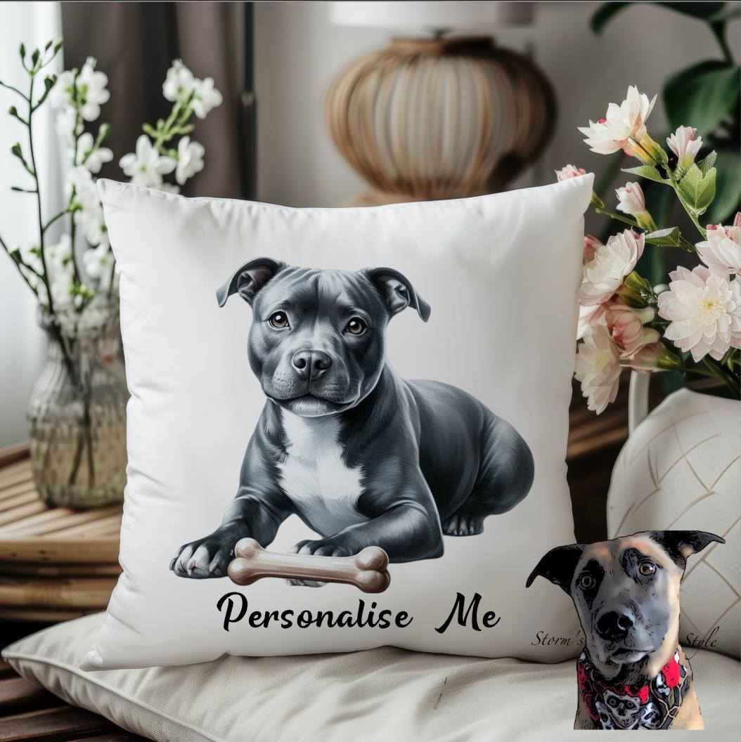 Staffordshire Bull Terrier - Staffie Cushion - Personalised with name/phrase - 39 designs