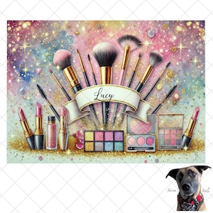 Könnte beinhalten: Ein farbenfrohes Make-up-Set vor einem rosa, blauen und goldenen Hintergrund. Das Set enthält Make-up-Pinsel, Lippenstifte, Lidschattenpaletten und ein Banner mit dem Namen "Lucy".