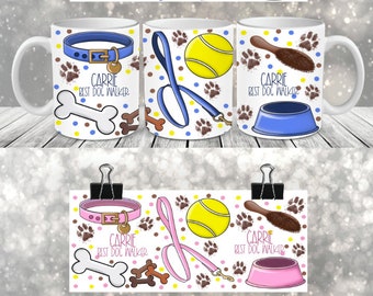 May include: Four white ceramic mugs with a dog-themed design. Each mug features a different color scheme: blue, pink, blue, and pink. The design includes a dog collar, leash, tennis ball, dog bone, dog bowl, and a dog brush. The text "CARRIE BEST DOG WALKER" is printed on each mug.