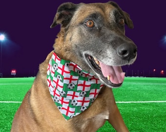 May include: A brown and black German Shepherd dog wearing a green and white bandana with a soccer ball pattern. The bandana has a red, white, and blue cross pattern.