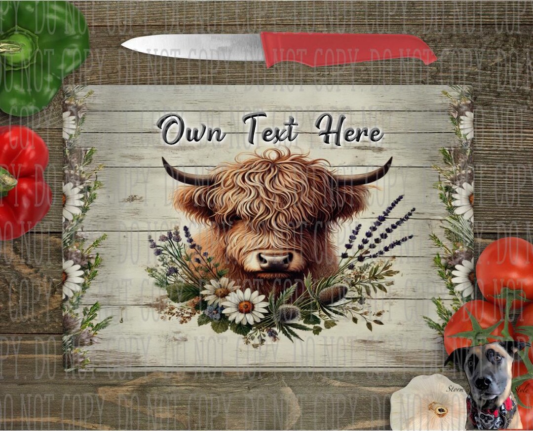 Tagliere personalizzato con mucca delle Highlands: tagliere in vetro effetto vintage - Italia
