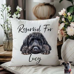 May include: White pillow with black text that reads "Reserved For Lucy". A black dog with curly hair is pictured on the pillow.