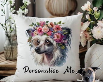 Chinese Crested Dog Cushion - Personalised with name/phrase - 46 designs