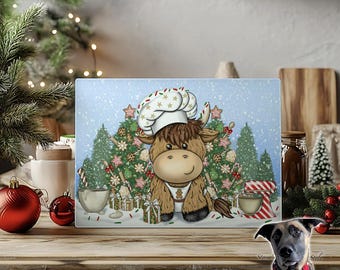 Highland Cow Chef Christmas Glass Chopping Board - 2 sizes