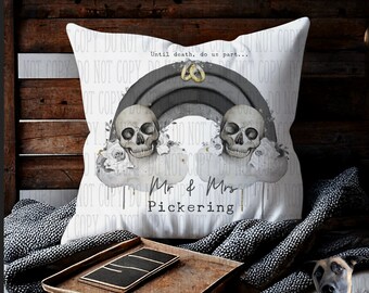 Personalised Goth Skull Death Do Us Part Rainbow Cushion - Alternative Wedding Gift