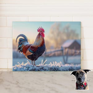 May include: A vibrant rooster print on a rectangular surface. The image shows a rooster with red, orange, blue, and black feathers in a snowy landscape. A blurred background features a fence and a small building.